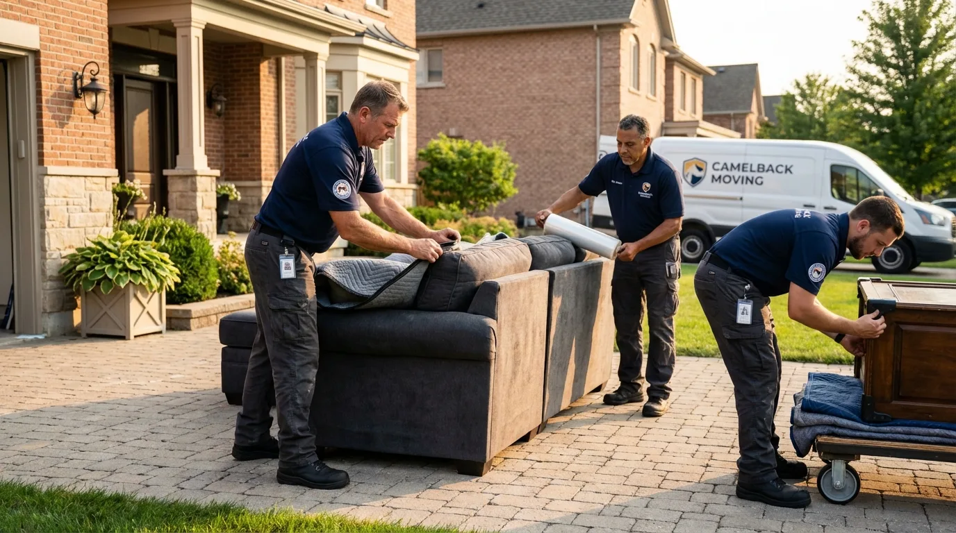 Large estate moving crew wrapping furniture in Keuka Park, NY