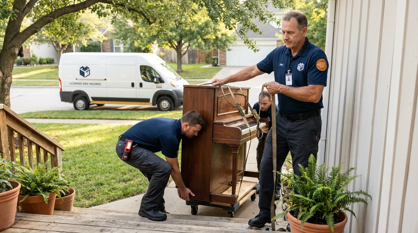Licensed piano movers securing grand piano in Keuka Park, NY