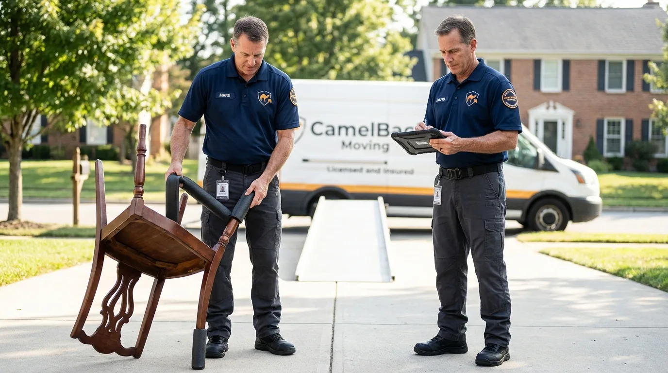 Movers inspecting furniture for damage prevention before loading in Keuka Park, NY