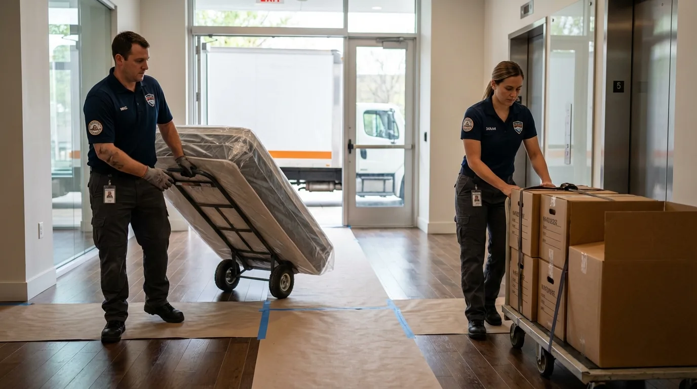 Professional apartment movers loading elevator in Keuka Park, NY