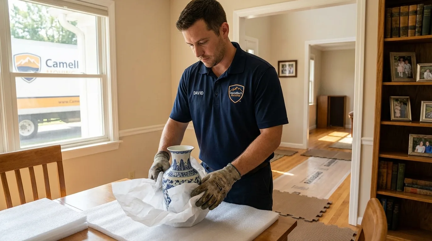 Professional crew carefully wrapping antique vase for senior downsizing move in Keuka Park, NY