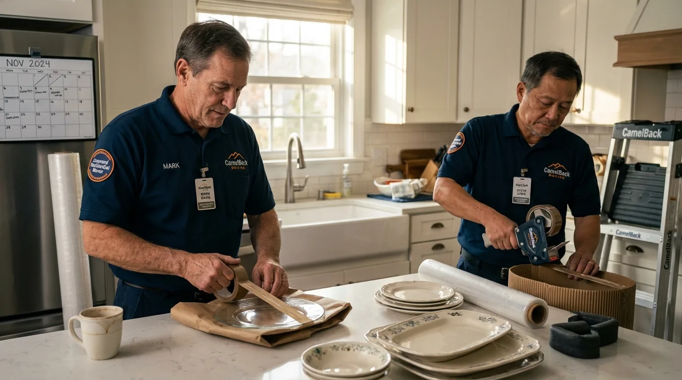 Professional crew packing kitchen dishware in Keuka Park, NY